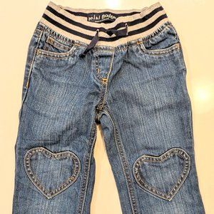 Mini Boden jeans with heart patches in front and back, drawstrings. Size 3Y